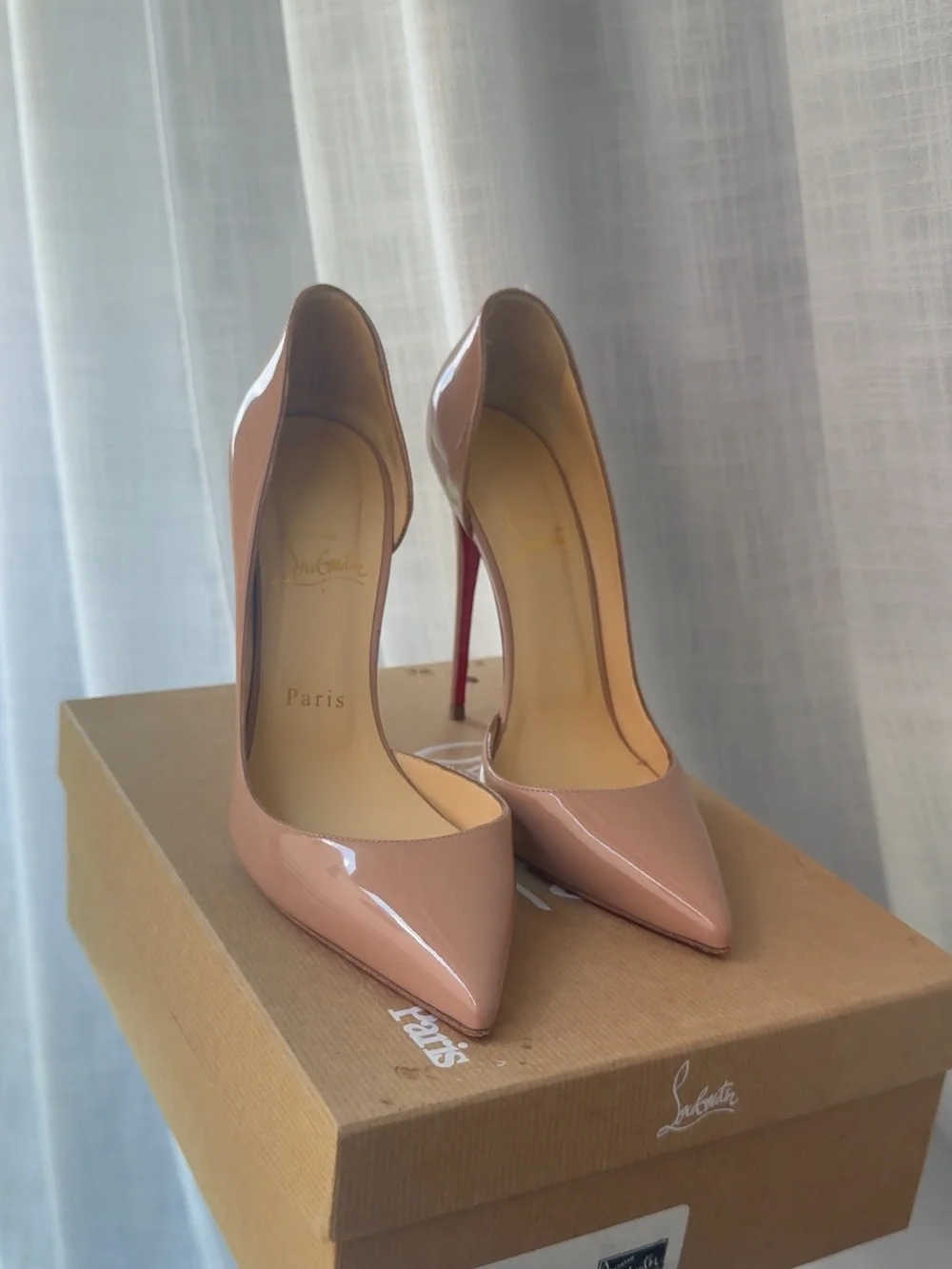 Christian Louboutin Nude Patent Pointed-Toe Pumps with Red Soles